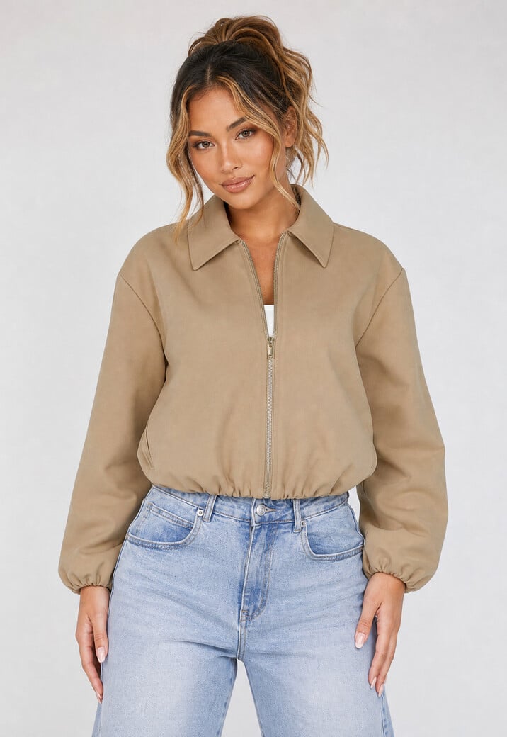 Beige Cropped Bomberjack met Ritssluiting en Ballonmouwen