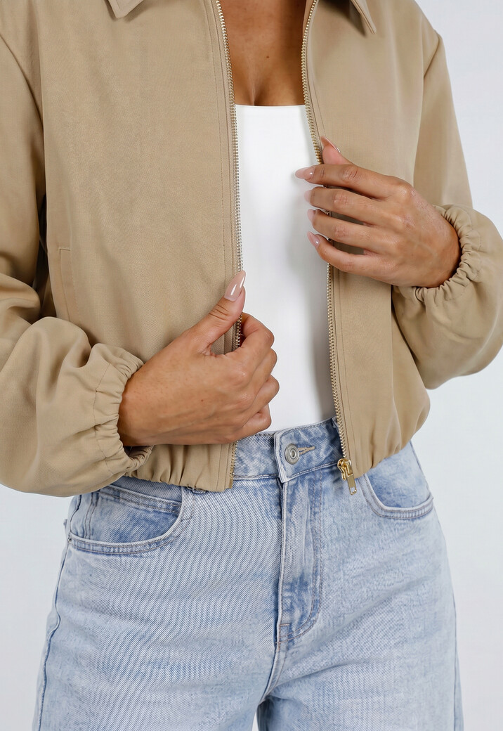 Beige Cropped Bomberjack met Ritssluiting en Ballonmouwen