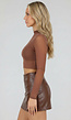 Bruine Mesh Crop Top met Stretch en Ingebouwde Pads