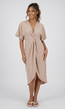 Beige Overslag Midi Jurk met Vlindermouwen en Gedrapeerd Detail