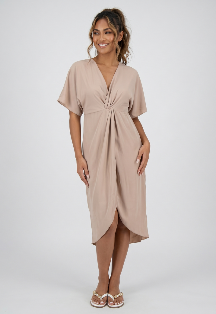 Beige Overslag Midi Jurk met Vlindermouwen en Gedrapeerd Detail