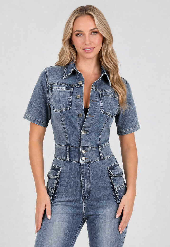 Shortsleeve Denim Jumpsuit met Cargo Zakken