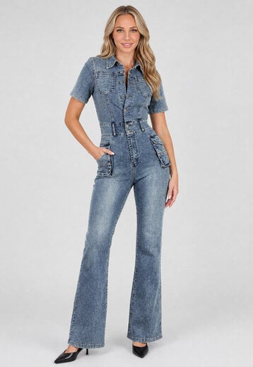 Shortsleeve Denim Jumpsuit met Cargo Zakken
