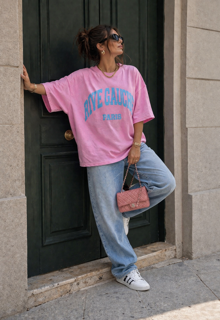 Roze Oversized T-Shirt met Blauwe Tekstprint