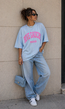 Lichtblauw Oversized T-Shirt met Roze Rive Gauche Tekstprint