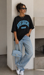 Zwart Oversized T-Shirt met Blauwe Rive Gauche Tekstprint