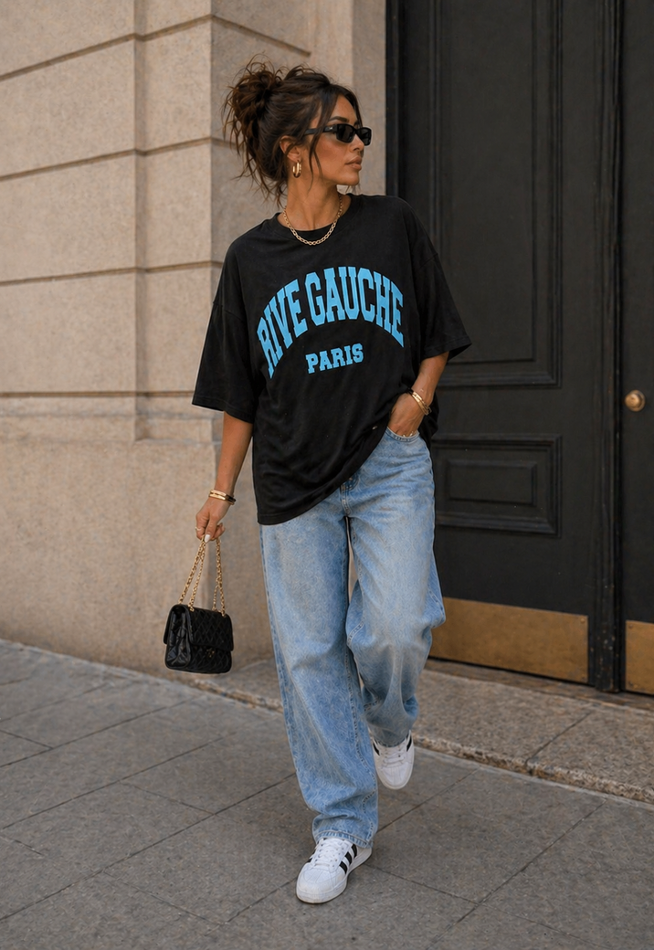 Zwart Oversized T-Shirt met Blauwe Rive Gauche Tekstprint