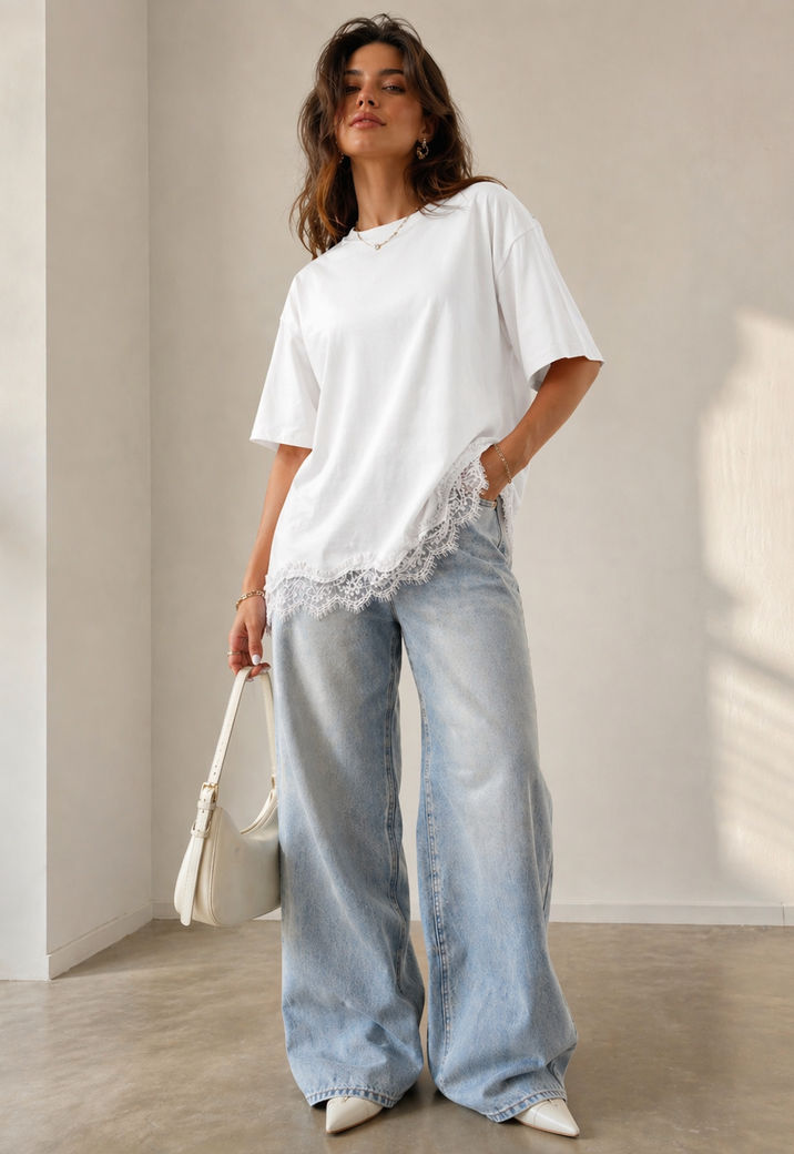 Wit Oversized T-Shirt met Kantzoom