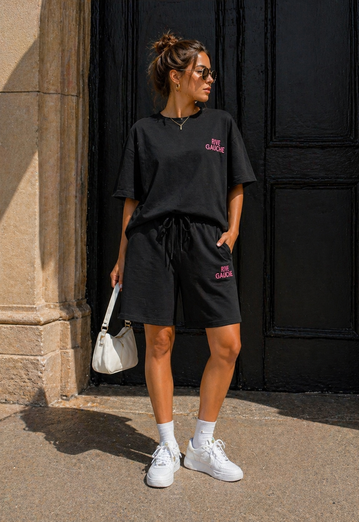 Zwarte Two Piece Set met T-Shirt en Shorts