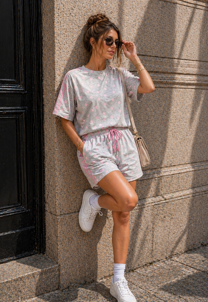 Grijze Polkadot Two Piece Set met T-Shirt en Shorts