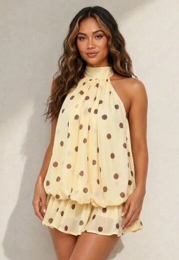 Gele Halter Jurk met Bruine Stippen