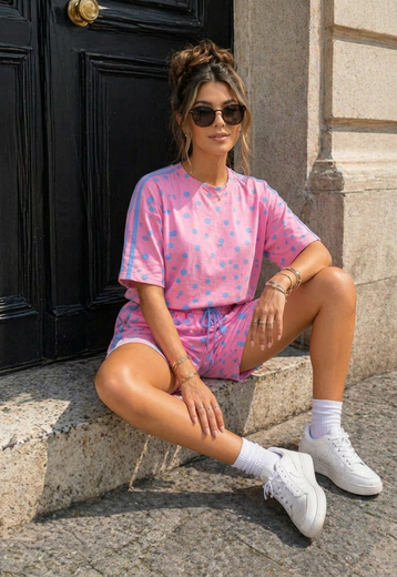 Roze Blauwe Polkadot Two Piece Set met Shorts