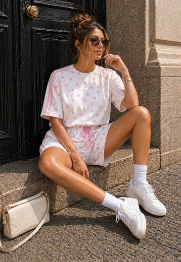 Wit Roze Polkadot Two Piece Set met Shorts