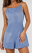 Lichtblauwe Denim Playsuit met Open Rug en Bandjes