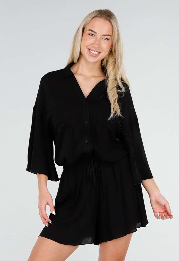 Zwarte Blouse en Short Set met Wijde Mouwen