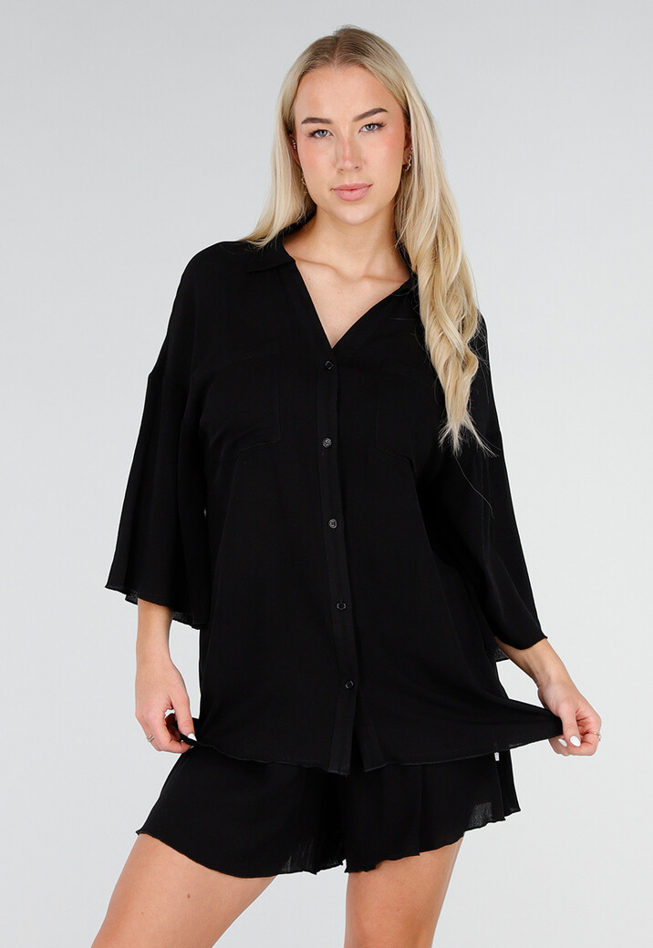 Zwarte Blouse en Short Set met Wijde Mouwen