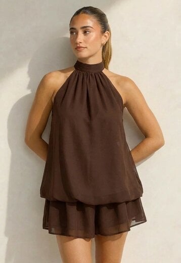 Bruin Halter Jurkje met Open Rug