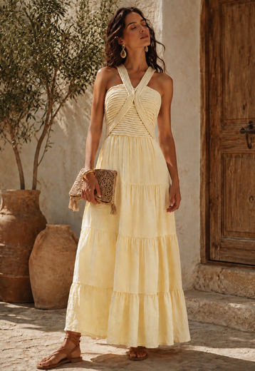 Butter Yellow Lange Jurk met Koorddetails