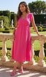 Fuchsia Linnenlook Midi Jurk met Ruches en V-Hals