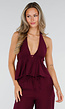 Bordeaux Halter Top en Wide Leg Broek Set met Open Rug