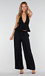 Zwarte Halter Top en Wide Leg Broek Set met Open Rug