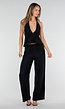 Zwarte Halter Top en Wide Leg Broek Set met Open Rug