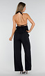Zwarte Halter Top en Wide Leg Broek Set met Open Rug