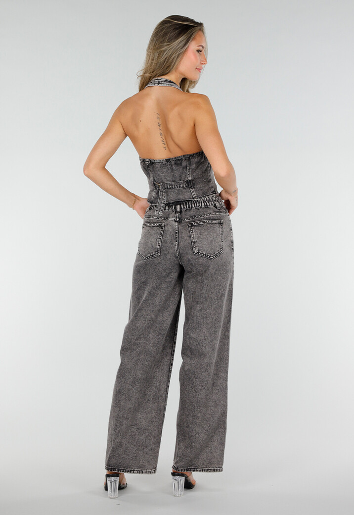 Zwarte Denim Two Piece Set met Halter Gilet en Wide Leg Jeans Voor Dames