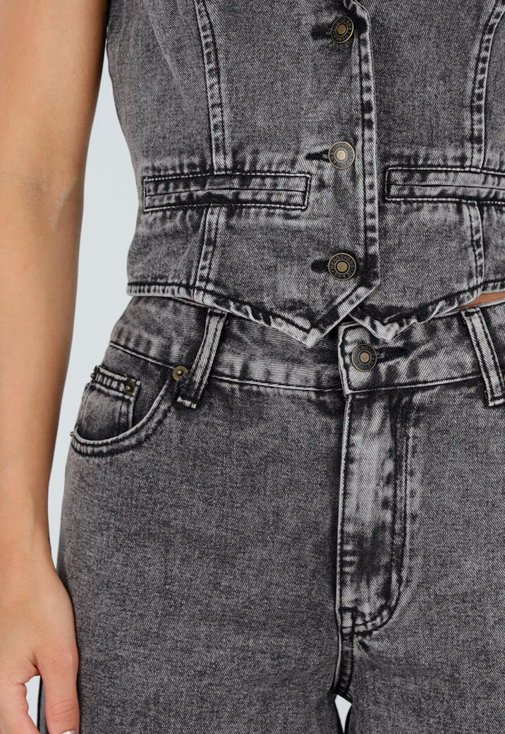 Zwarte Denim Two Piece Set met Halter Gilet en Wide Leg Jeans Voor Dames