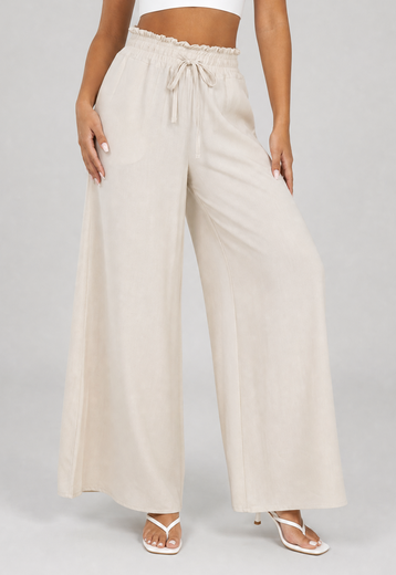 Beige Wide Leg Broek met Smock Taille