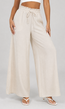 Beige Wide Leg Broek met Smock Taille en Strikkoord