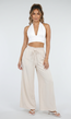 Beige Wide Leg Broek met Smock Taille en Strikkoord