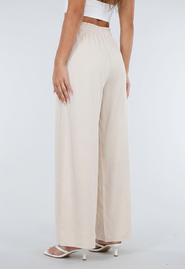 Beige Wide Leg Broek met Smock Taille en Strikkoord
