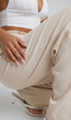 Beige Wide Leg Broek met Smock Taille en Strikkoord
