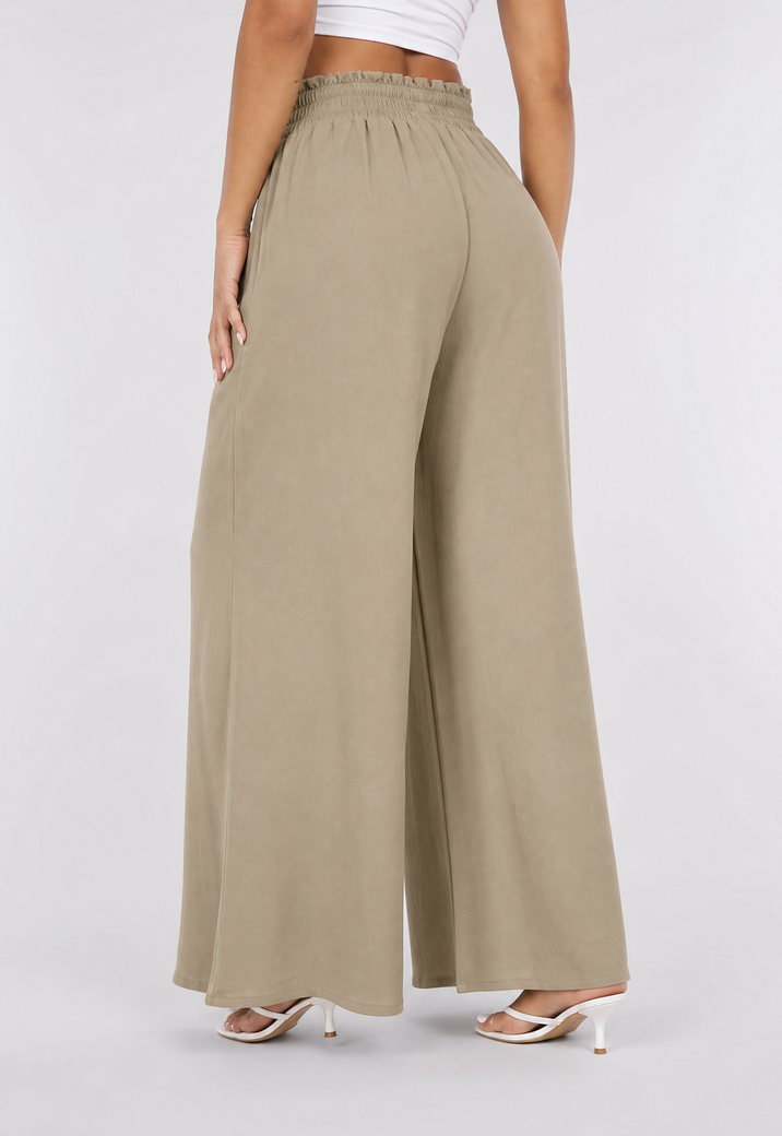 Taupe Wide Leg Broek met Smock Taille en Strikkoord