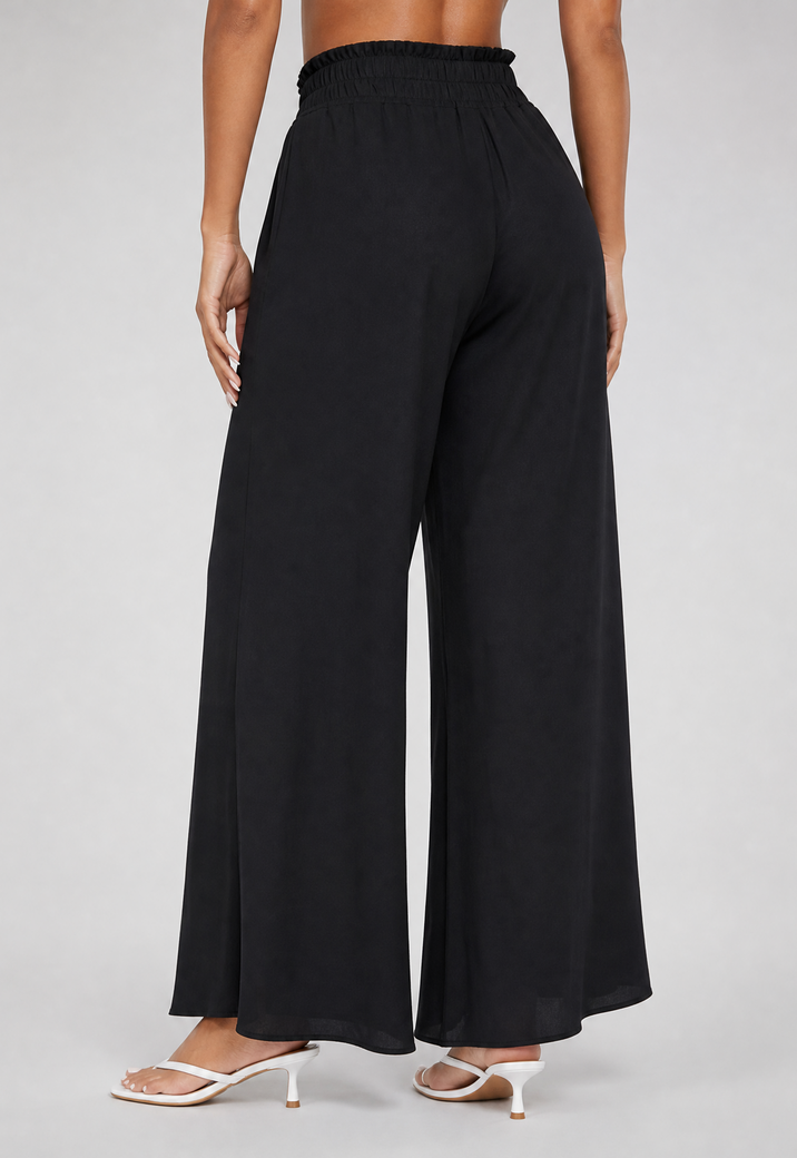Zwarte Wide Leg Broek met Smock Taille en Strikkoord