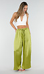 Limoengroene Satijnen Wide Leg Broek met Elastische Taille