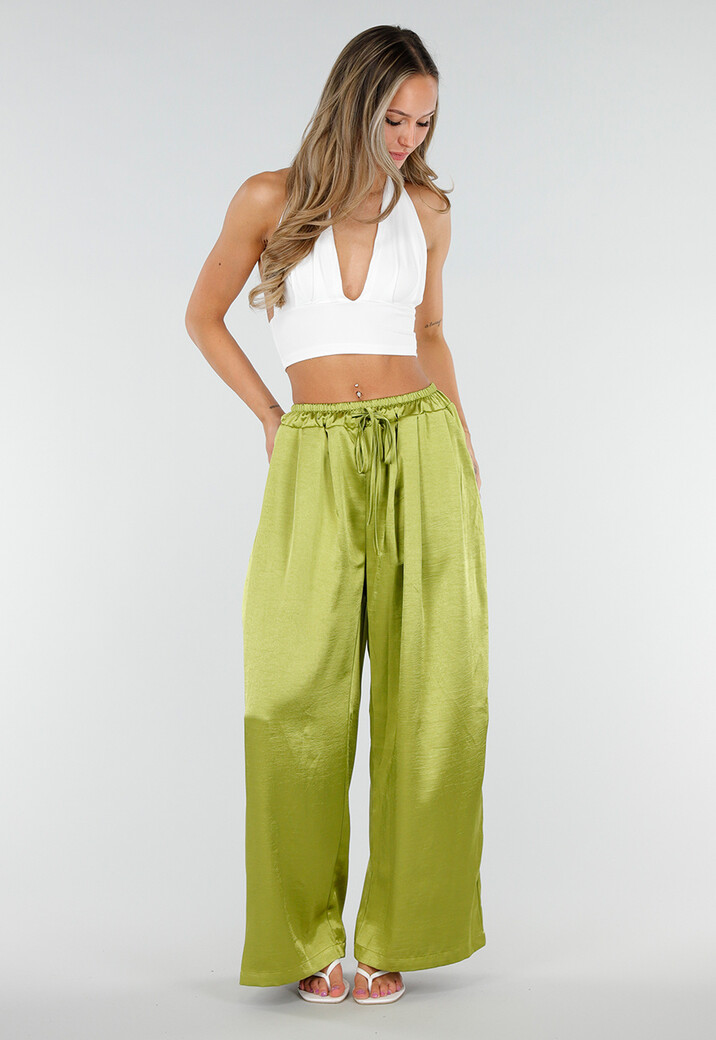 Limoengroene Satijnen Wide Leg Broek met Elastische Taille