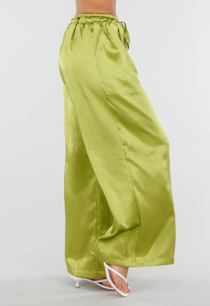 Limoengroene Satijnen Wide Leg Broek met Elastische Taille