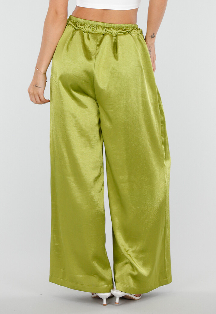Limoengroene Satijnen Wide Leg Broek met Elastische Taille