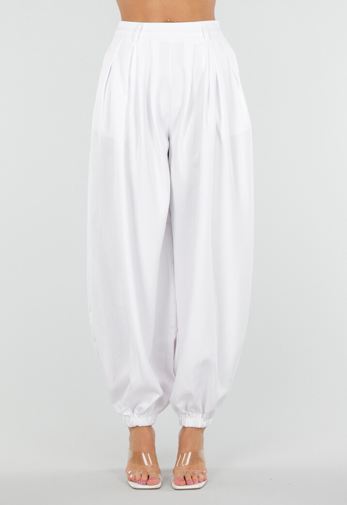 Witte Plooibroek met Elastische Boorden en Hoge Taille