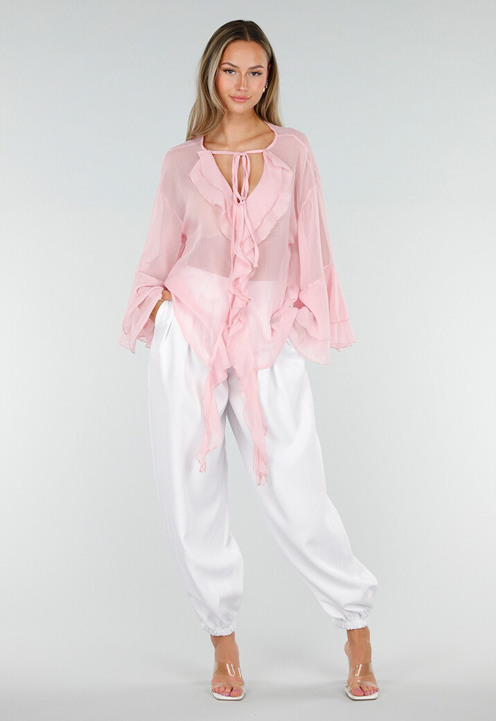 Witte Plooibroek met Elastische Boorden en Hoge Taille