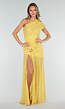 Gele One Shoulder Mesh Maxi Jurk met Split en Drapering