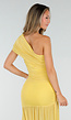 Gele One Shoulder Mesh Maxi Jurk met Split en Drapering
