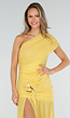 Gele One Shoulder Mesh Maxi Jurk met Split en Drapering