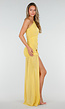 Gele One Shoulder Mesh Maxi Jurk met Split en Drapering