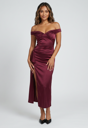 Bordeaux Off Shoulder Satijnen Maxi Jurk