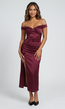 Bordeaux Off Shoulder Satijnen Maxi Jurk met Split en Drapering