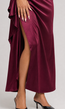Bordeaux Off Shoulder Satijnen Maxi Jurk met Split en Drapering