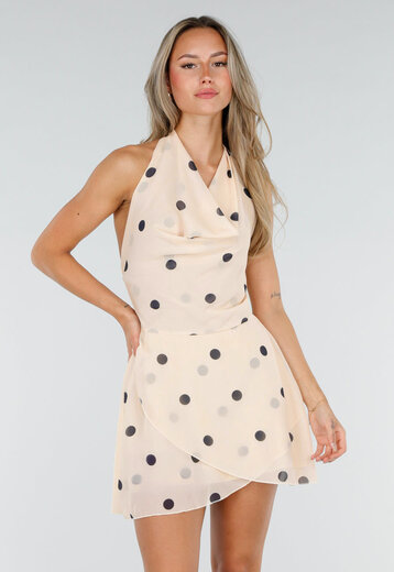 Crème Polkadot Halterjurk met Stippen